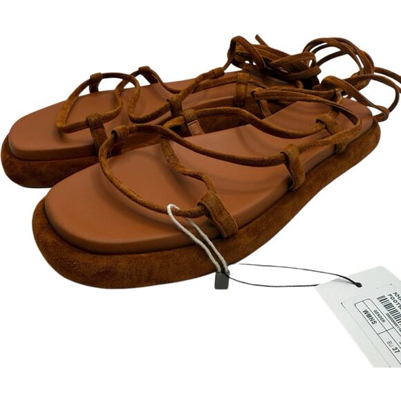 KHAITE Alba Brown Suede Leather Trimmed Strappy Tie Up Ankle Sandals Size 37 - Picture 6 of 15